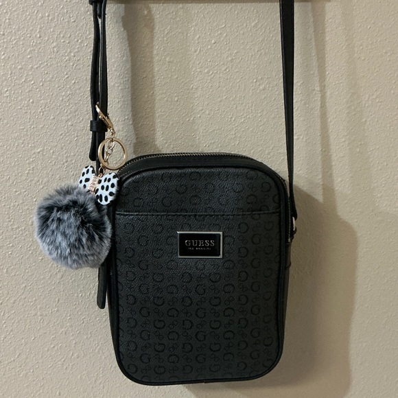 Guess Handbags - GUESS Charcoal Crossbody Bag with Pom Pom